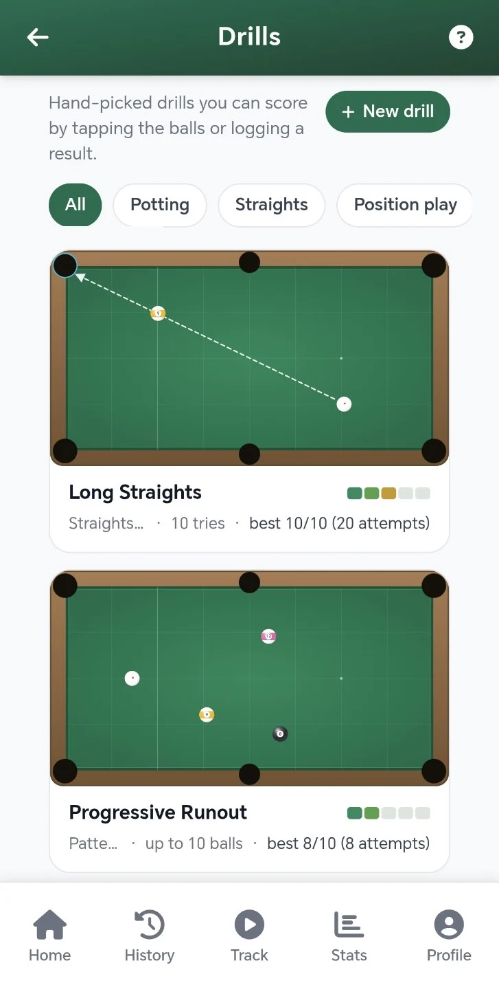 The drill library: category chips, the New drill button, and the Long Straights and Progressive Runout cards with their diagrams, difficulty and best scores