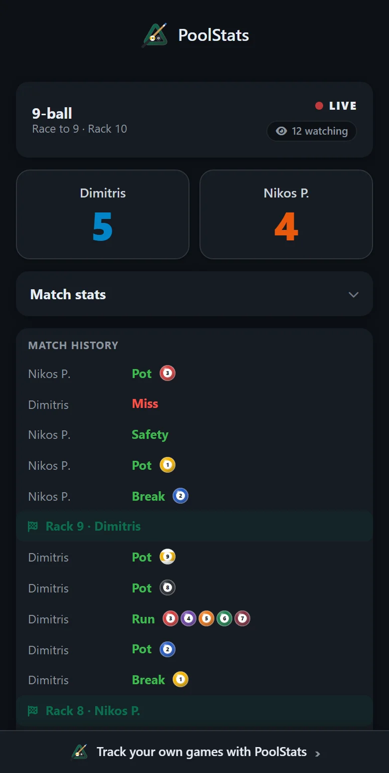 The Live Score viewer page on a phone: the live badge, 12 watching, the score and the shot by shot match history